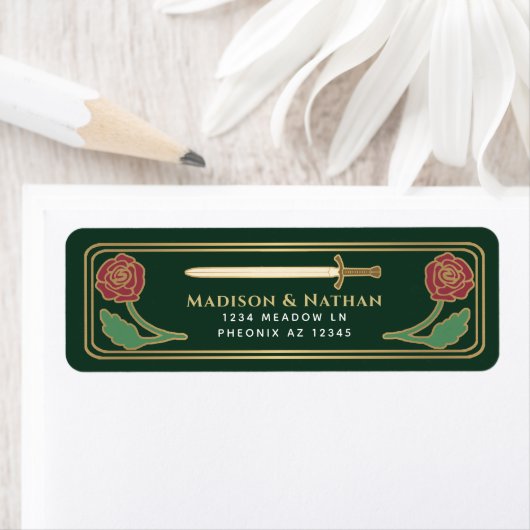 Étiquette de mariage épée dorée de fantasy médiéva (En situation)