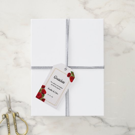 Étiquette de mariage espagnol Roses rouges or (Avec de la ficelle)