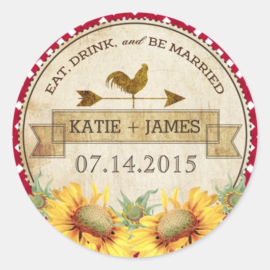 Étiquette de Mariage rustique Sunflowers Rooster (Devant)