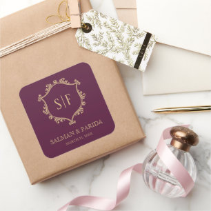 Étiquette de mariage Vintage Plum Gold Crest Monog