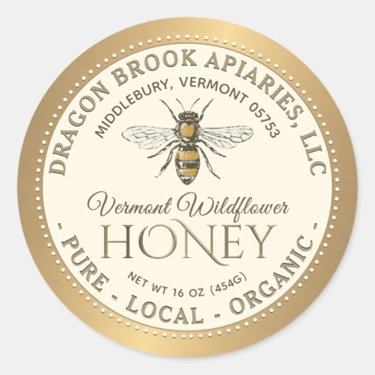 Étiquette de miel bio local blanc avec abeille (Devant)