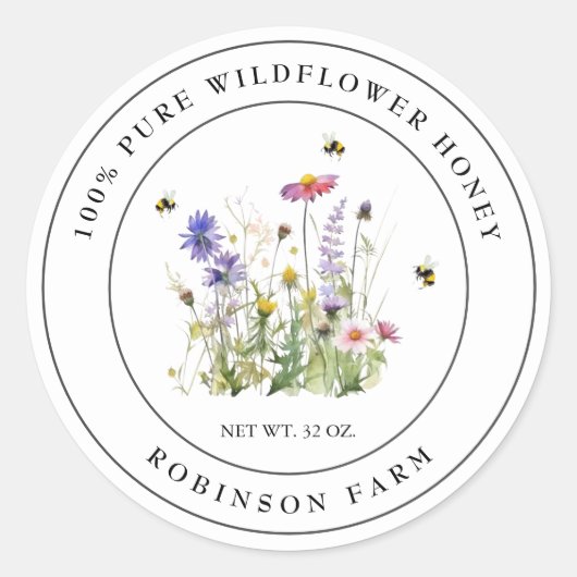 Étiquette de miel de fleurs sauvages avec abeilles (Devant)