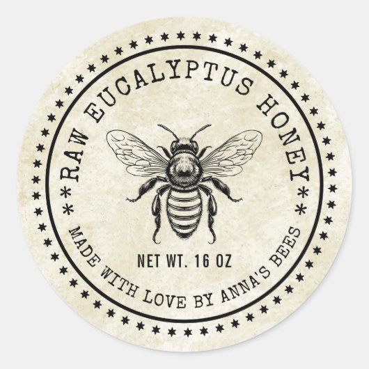 Étiquette de miel d'eucalyptus avec abeille de cou (Devant)