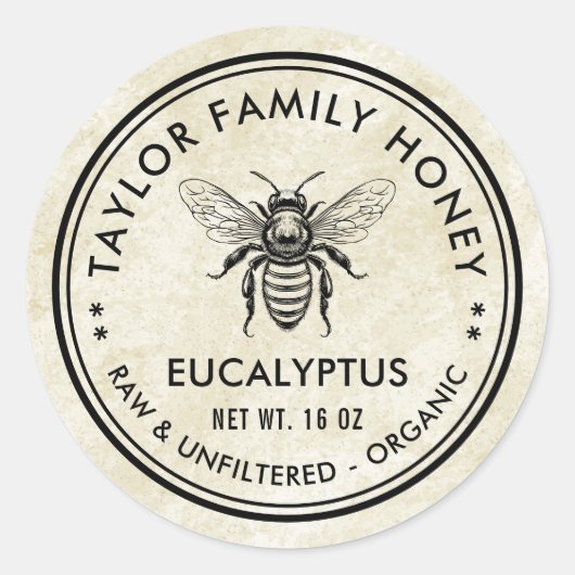 Étiquette de miel d'eucalyptus avec abeille vintag (Devant)