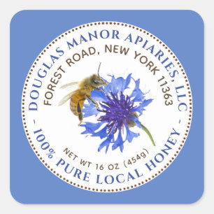 Étiquette de miel Fleur bleue abeille et bordure d