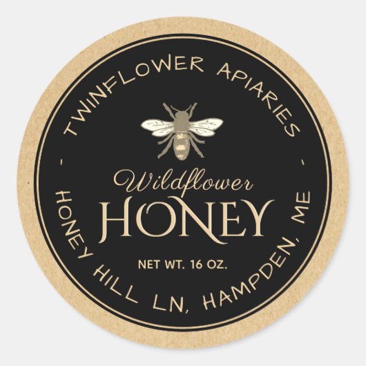 Étiquette de miel noir Kraft manuscrit (abeille hé (Devant)