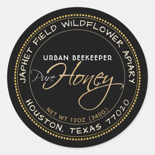 Étiquette de miel noir rond avec bordure en or poi (Devant)
