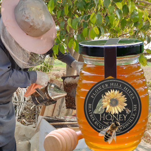 Étiquette de miel noir Tournesol et texte d'or mét