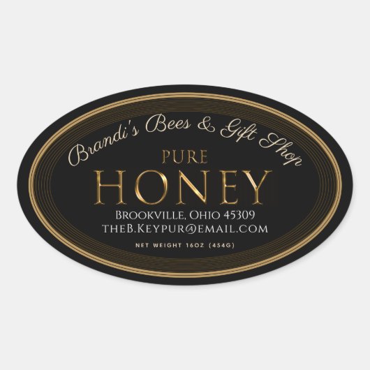 Étiquette de miel professionnel Noir et Or Oval (Devant)