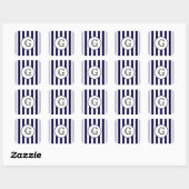 Étiquette de monogramme blanc rond rayé bleu marin (Feuille)