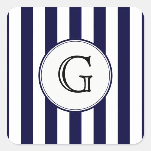 Étiquette de monogramme blanc rond rayé bleu marin (Devant)