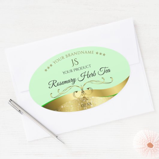 Étiquette de Monogramme vert clair Wavy Gold (Enveloppe)