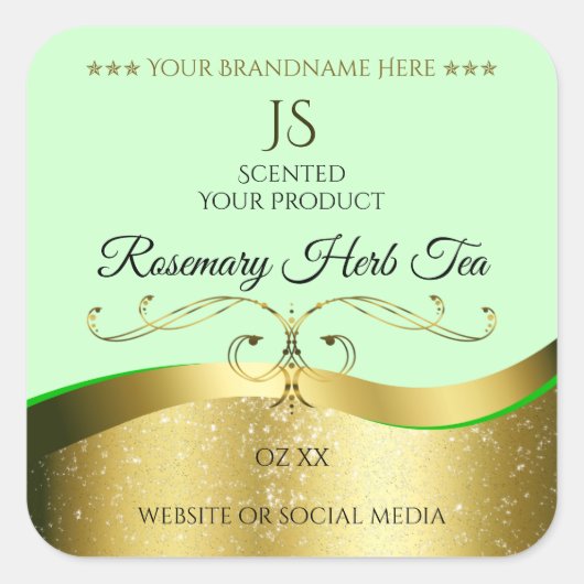 Étiquette de Monogramme vert clair Wavy Gold (Devant)