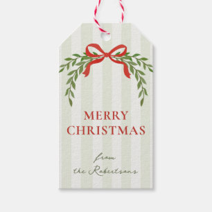 Étiquette de Noël à ruban rouge et motif botanique