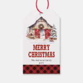 Étiquette de Noël de ranch rouge vert avec bottes (Devant)