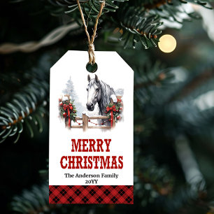 étiquette de Noël Ranch avec calèche rouge vert