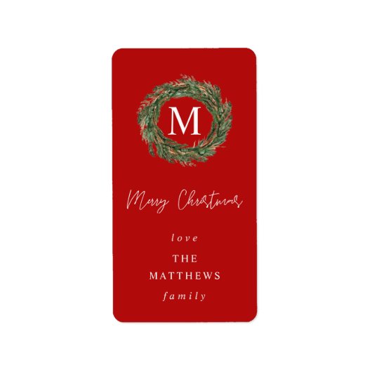 Étiquette de Noël « Red 2 & Wreath Monogram Merry (Devant)