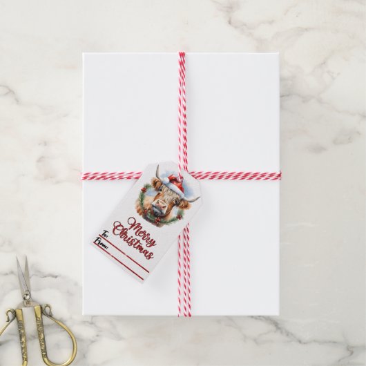 Étiquette de Noël vache joyeuse en chapeau (Avec de la ficelle)