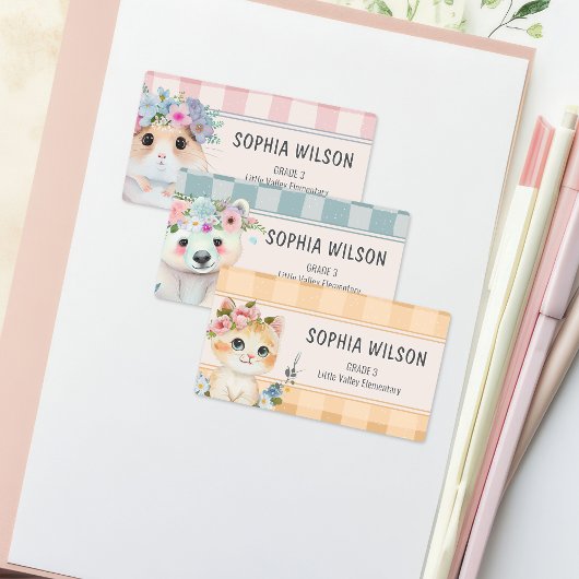 Étiquette de nom Animaux Mignons Gingham Floral Ro