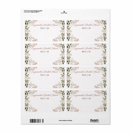 Étiquette de nom de mariage avec bordure florale e (Feuille entière)