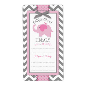 Étiquette de plaque de livre Chevron rose Eléphant