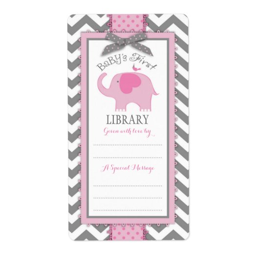 Étiquette de plaque de livre Chevron rose Eléphant (Devant)
