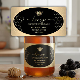 Étiquette de pot de miel à abeille en or faux
