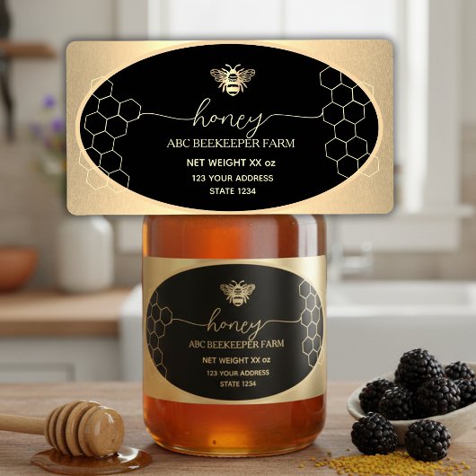 Étiquette de pot de miel à abeille en or faux