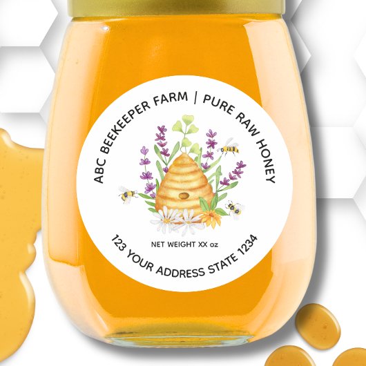 Étiquette de pot de miel à la abeille fleur eau-fo