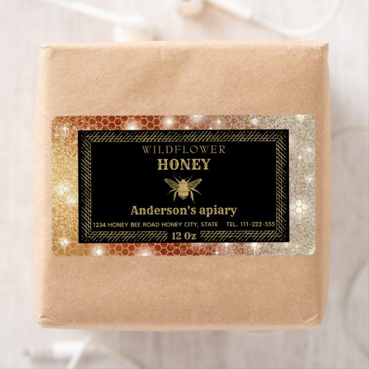 Étiquette de pot de miel brillant moderne (En situation)