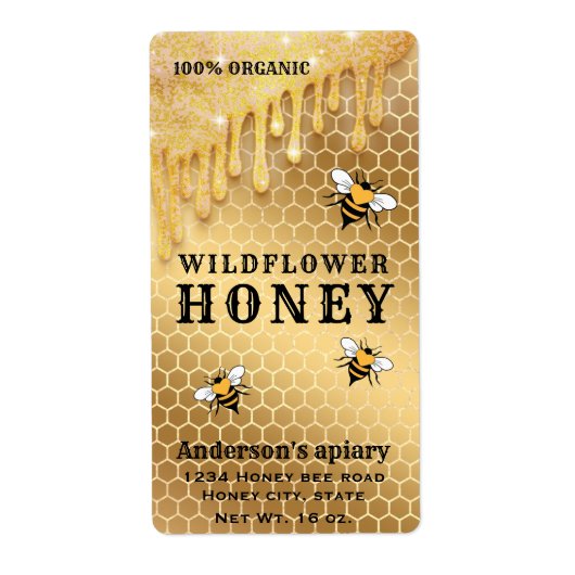 Étiquette de pot de miel d'abeille d'or goutte mod (Devant)