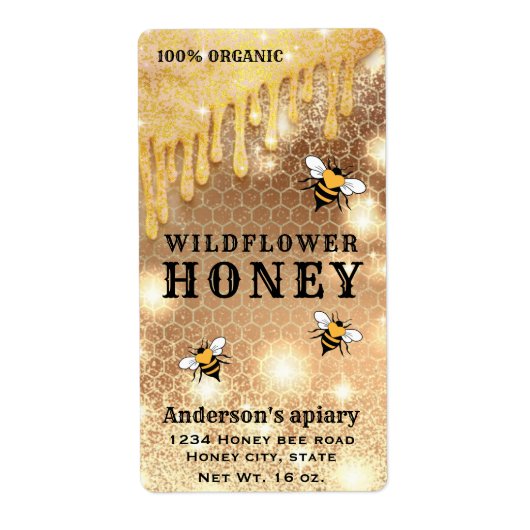 Étiquette de pot de miel d'abeille dorée gouttes m (Devant)