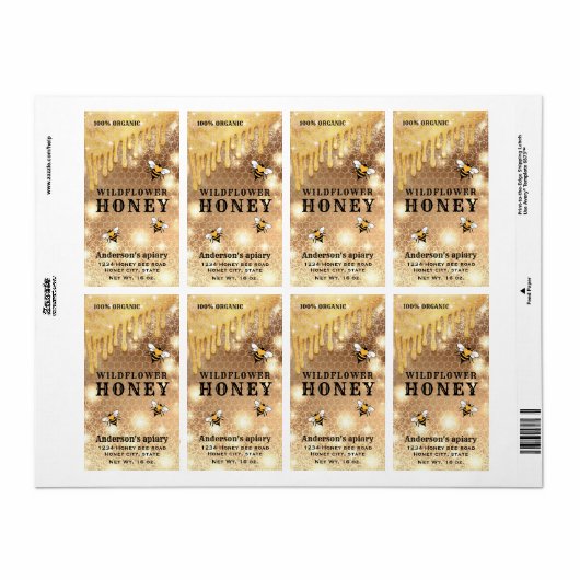 Étiquette de pot de miel d'abeille dorée gouttes m (Feuille entière)