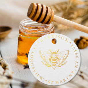 Étiquette de pot de miel d'abeille en feuille d'or