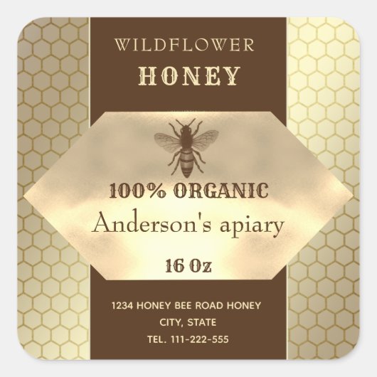 Étiquette de pot de miel d'abeille en or élégant m (Devant)