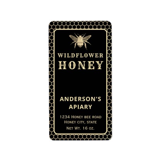 Étiquette de pot de miel d'abeille noire en or mod (Devant)