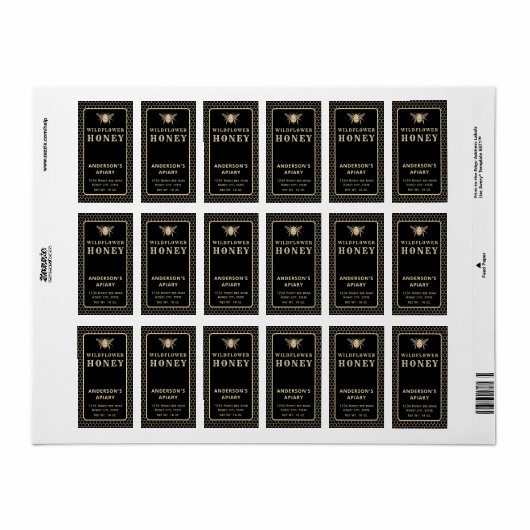 Étiquette de pot de miel d'abeille noire en or mod (Feuille entière)