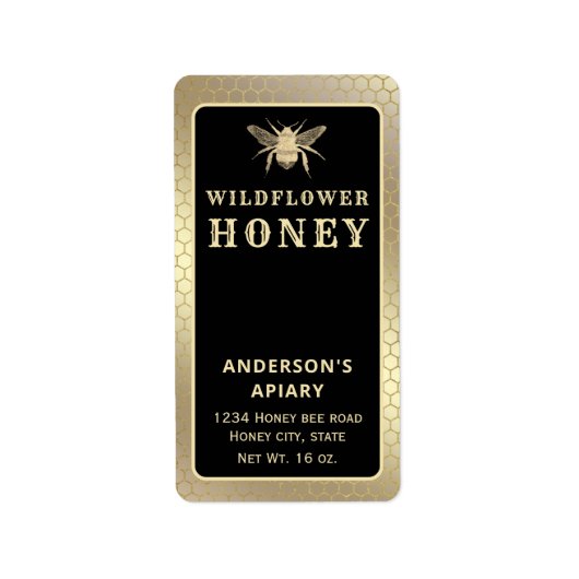 Étiquette de pot de miel d'abeille noire en or mod (Devant)
