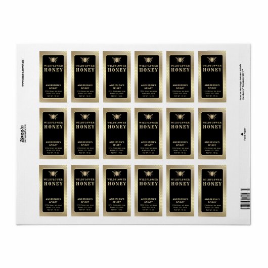 Étiquette de pot de miel d'abeille noire en or mod (Feuille entière)