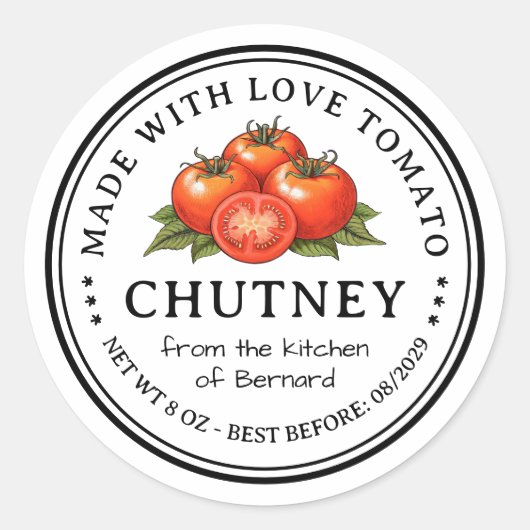 Étiquette de préservation du chutney de tomate (Devant)