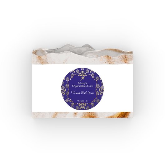 Étiquette de produit en damas bleu marine et feuil