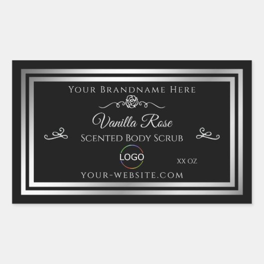 Étiquette de produit noir foncé Cadre argenté avec (Devant)