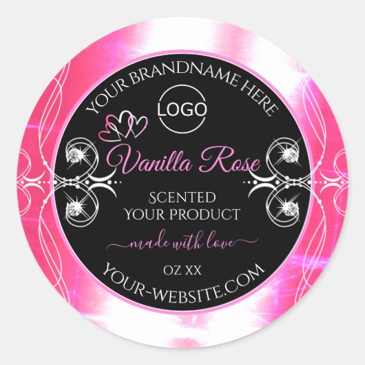 Étiquette de produit rose éclatant noir avec logo (Devant)