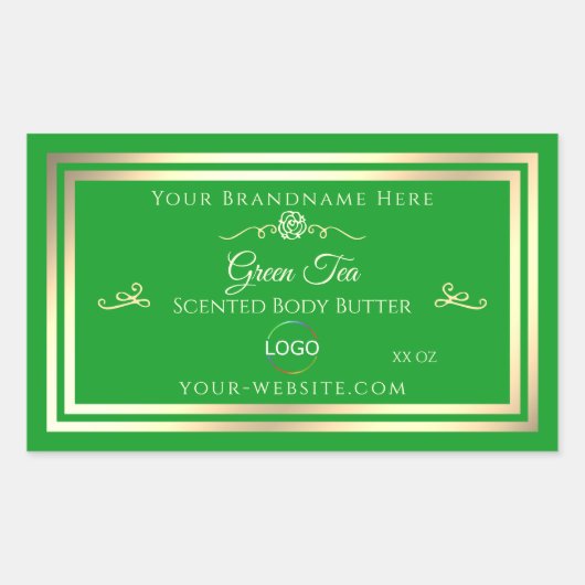 Étiquette de produit vert laiton avec cadre or et (Devant)