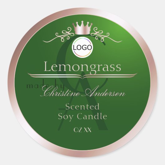 Étiquette de produit vert monogramme cadre rose or (Devant)