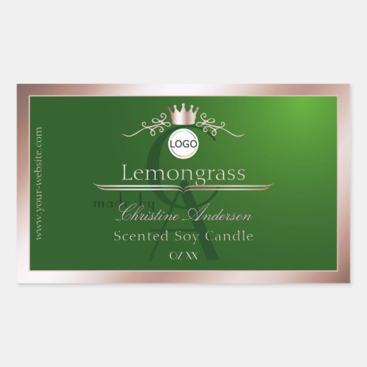 Étiquette de produit vert monogramme cadre rose or (Devant)