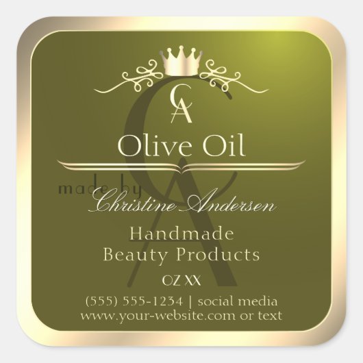 Étiquette de produit vert olive avec Monogramme de (Devant)