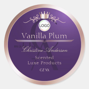 Étiquette de produit violet cadre doré rose monogr