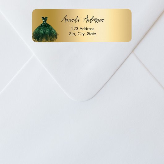 Étiquette de retour d'adresse dorée avec robe vert