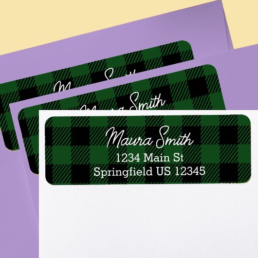 Étiquette de retour d'adresse plaid de buffle vert